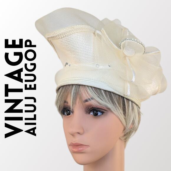 Vintage Ailuj Eugop Hat Ivory Upsweep Fascinator Woven Rhinestone Pearl Netting - Picture 2 of 12